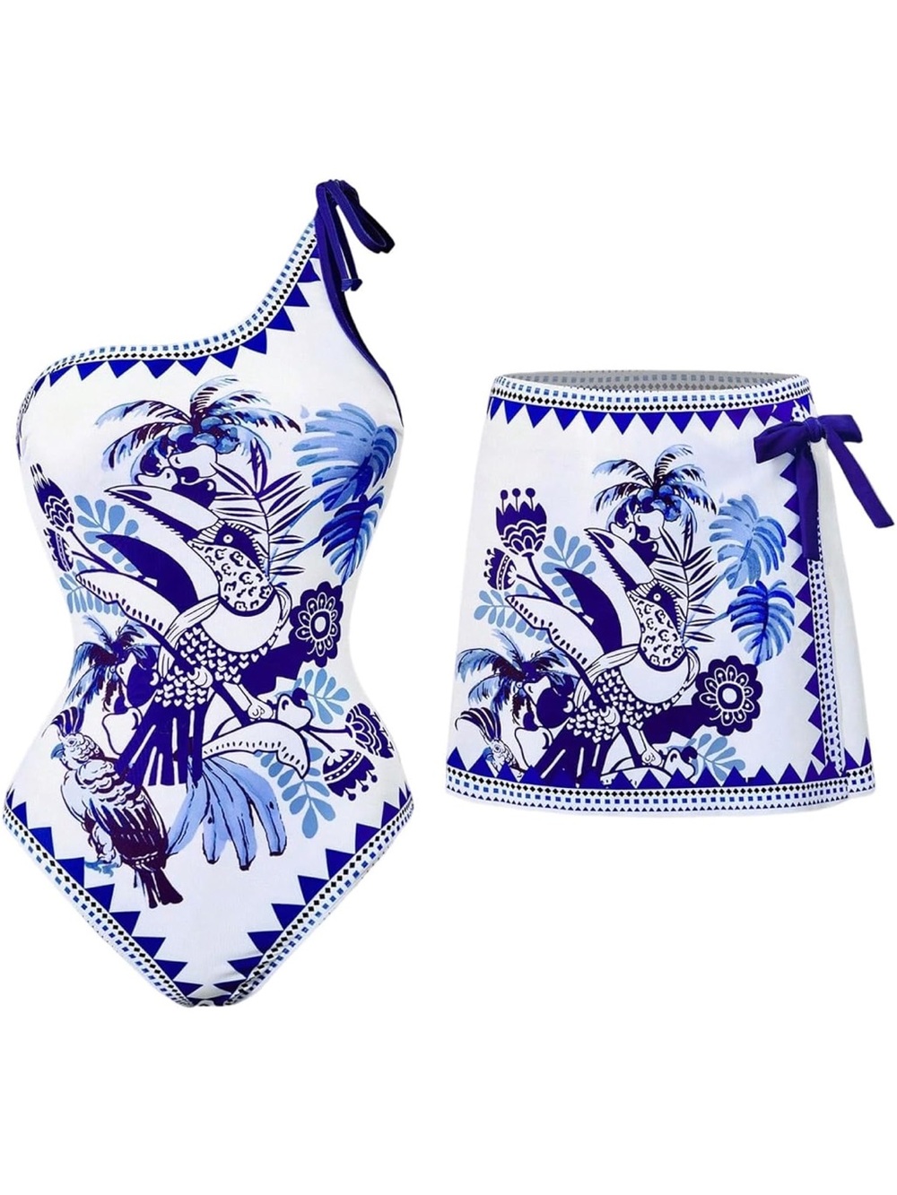 One-Shoulder Blue & White Tropical Print Swim Set (Skirted Bottom)